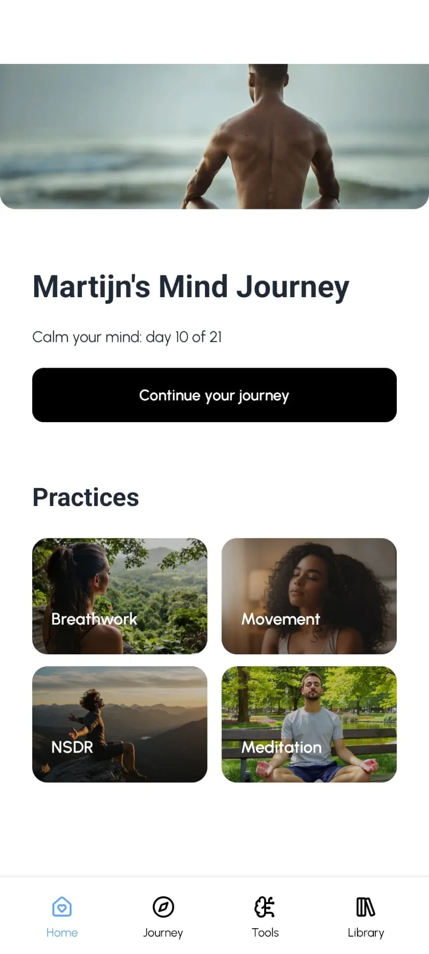 Mind Movement app — scherm Home